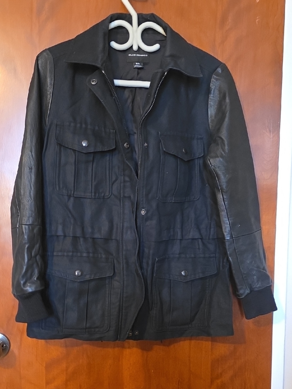 Club Monaco Black Utility Jacket with Lamb Leather Sleeves